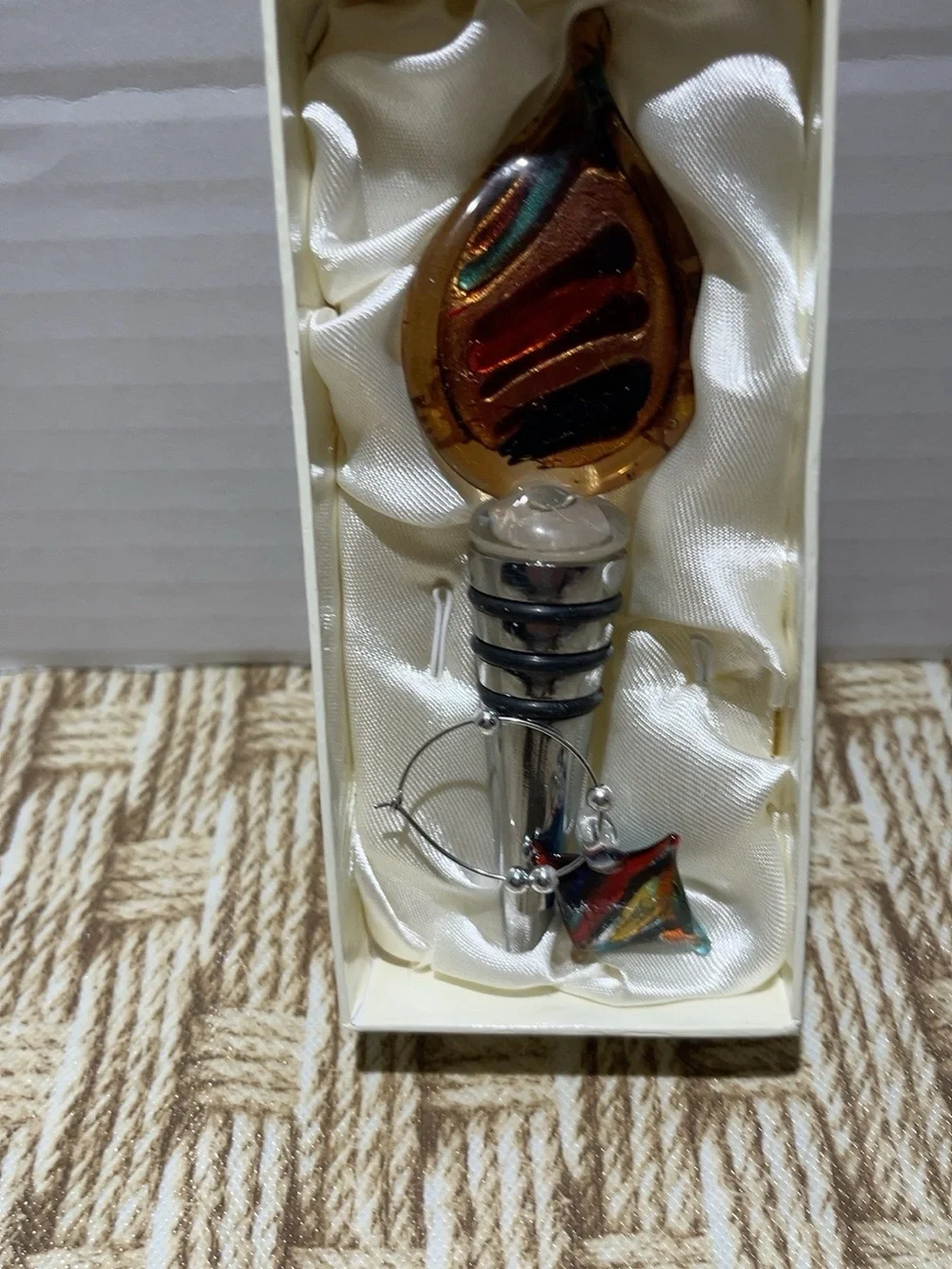 Murano Style Art Glass Wine Bottle Stopper Teardrop Multicolor 5” Boxed